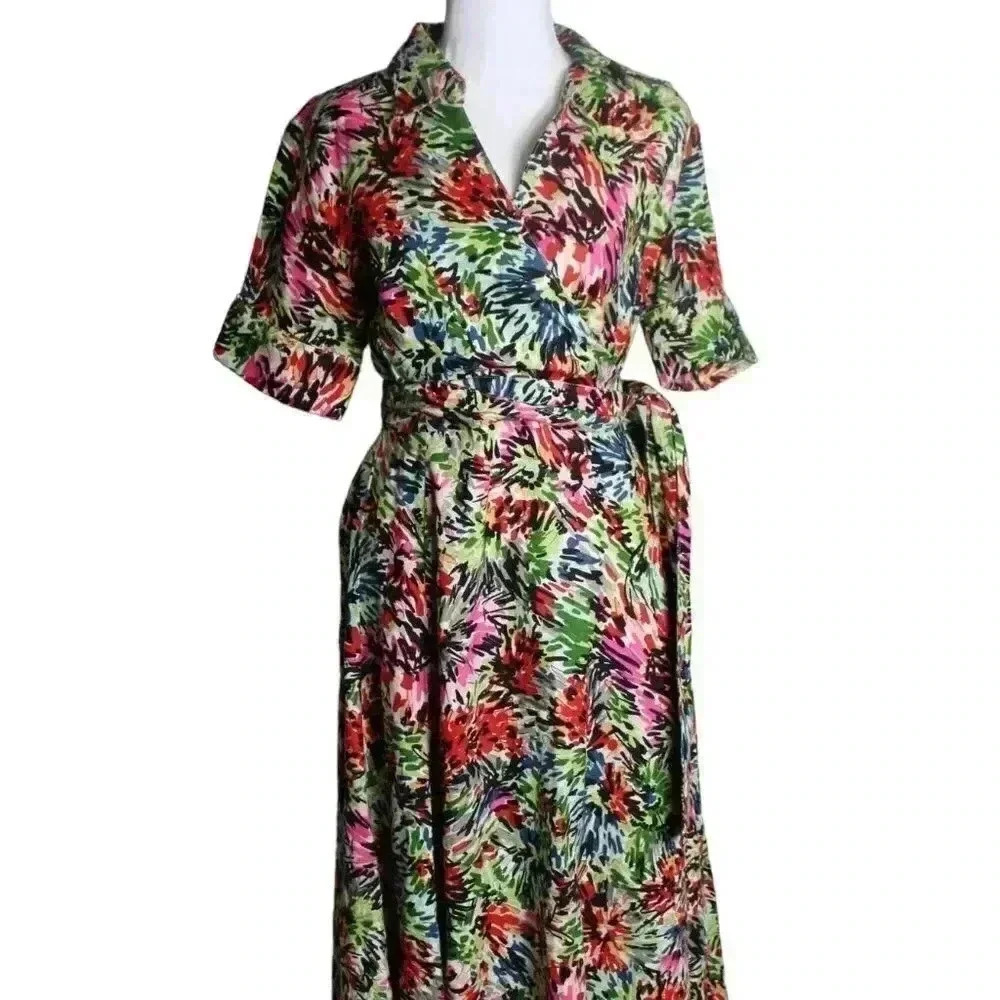 Vintage JG Hook Multicolor Floral Faux Wrap Collared Long Dress 6P 100% Linen